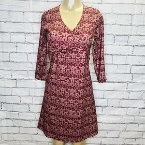 Prana Red and White A-line Midi Dress V-neck 3/4 Sleeve